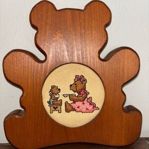 VNTG Wooden Bear Hanging Wall Decor Crossstitch Bears Mamma And Baby Bear